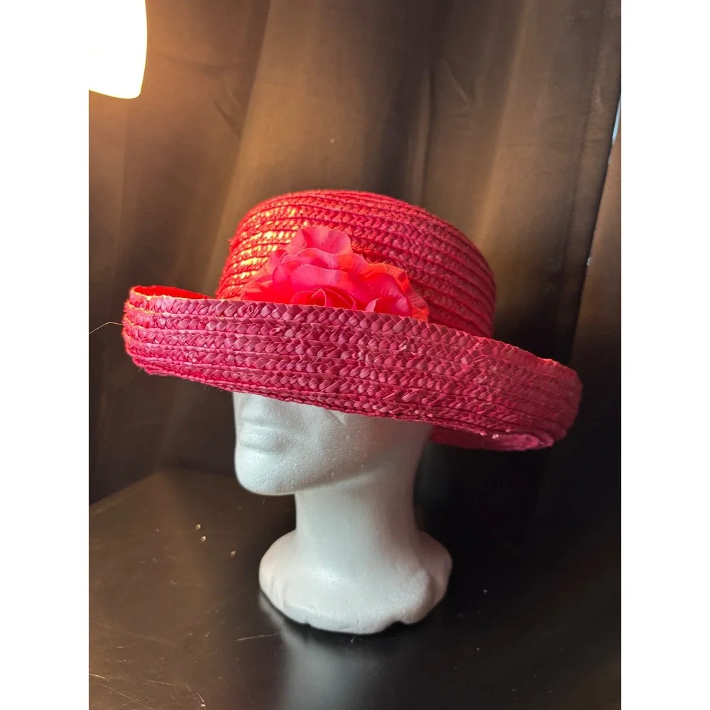 Vintage Magenta Pink Straw Sun Hat Wide Brim Floral Ribbon Accent Summer Beach